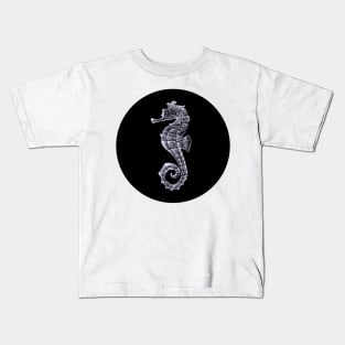 Silver Seahorse on Black Kids T-Shirt